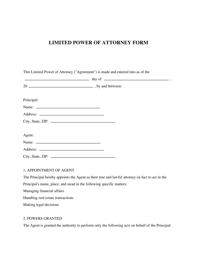 Limited Power of Attorney Form