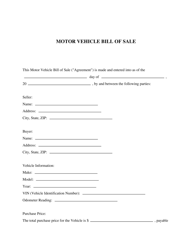 Motor Vehicle Bill of Sale
